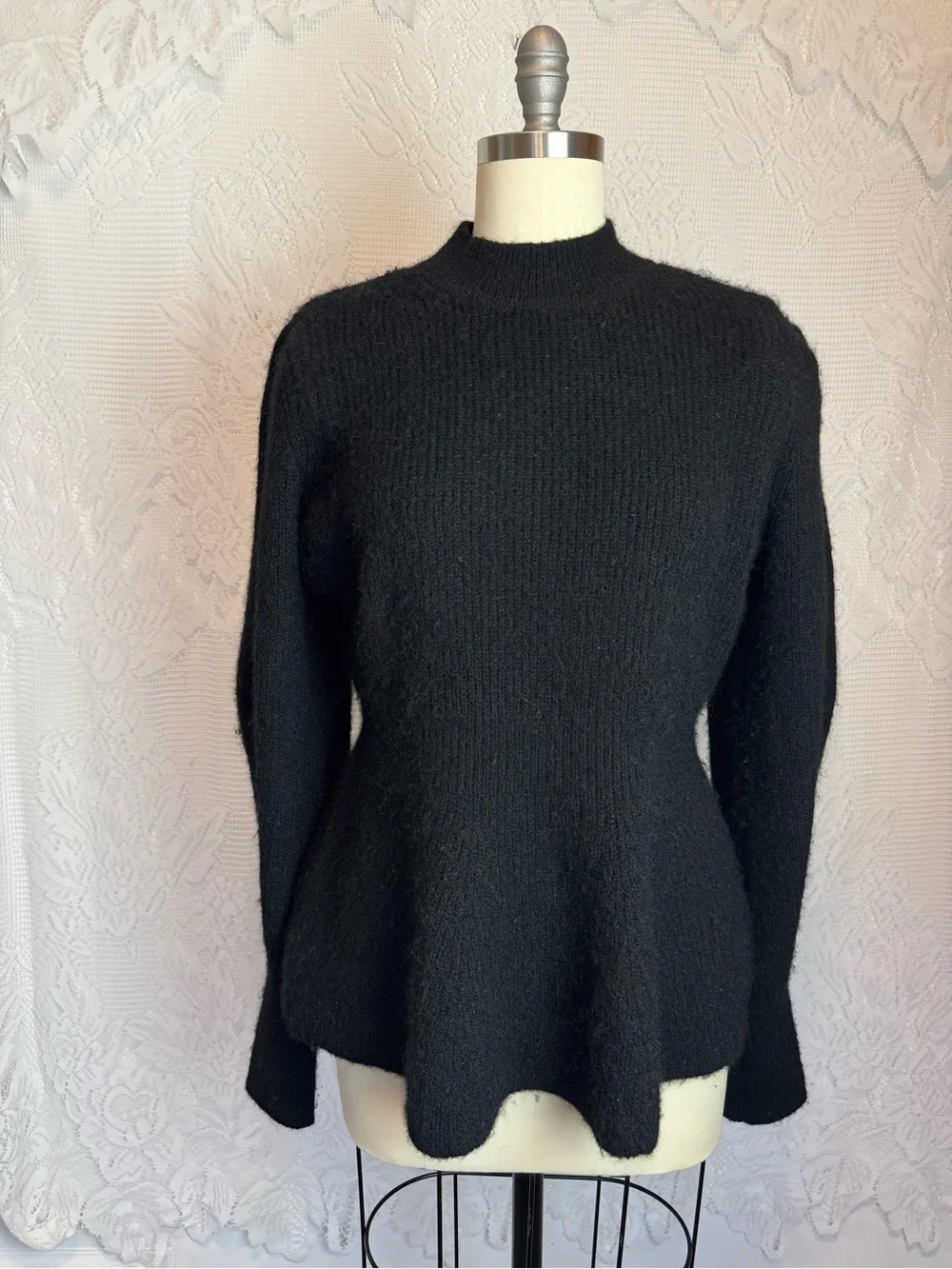 H&M Black Puff Sleeve Peplum Alpaca Sweater